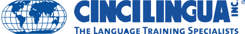 Cincilingua - The English Translation Specialists - Learn English In person - logo with globe in blue